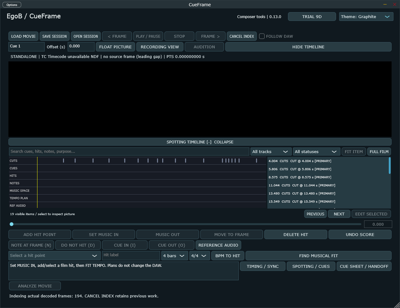 CueFrame 0.13.0 standalone interface on Windows.