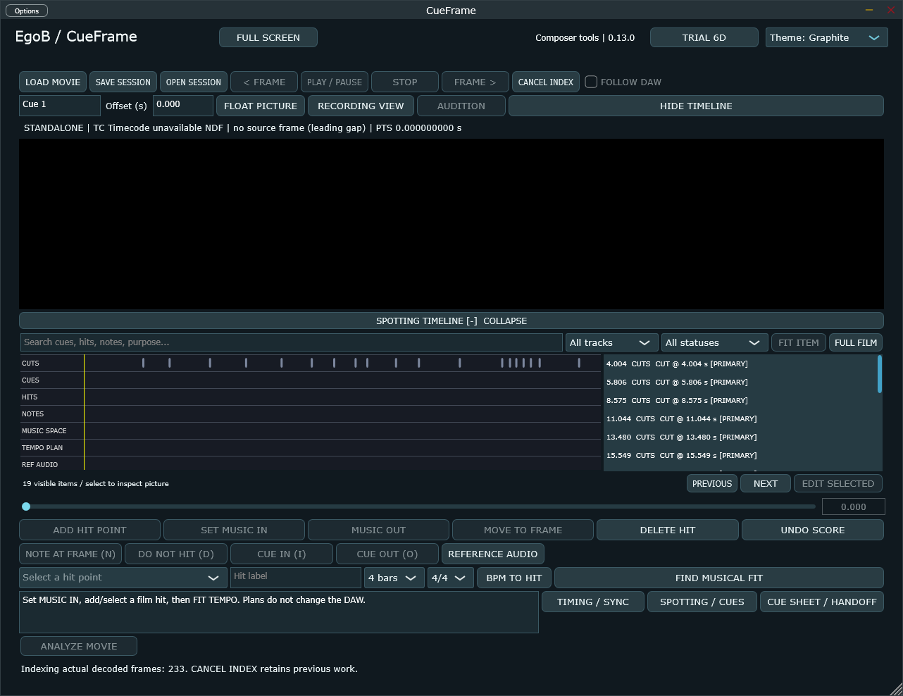 CueFrame 0.13.0 standalone interface on Windows.