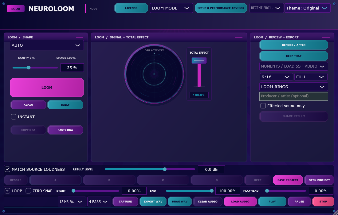NeuroLoom 2.12.2 LOOM workspace with license access, source loudness matching and selectable themes