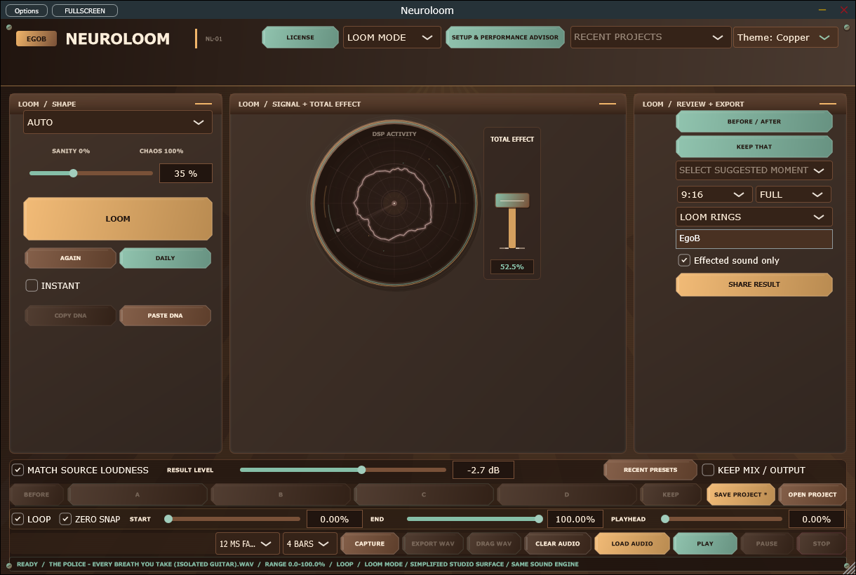 NeuroLoom 2.12.3 LOOM workspace with recent presets and mix/output locking